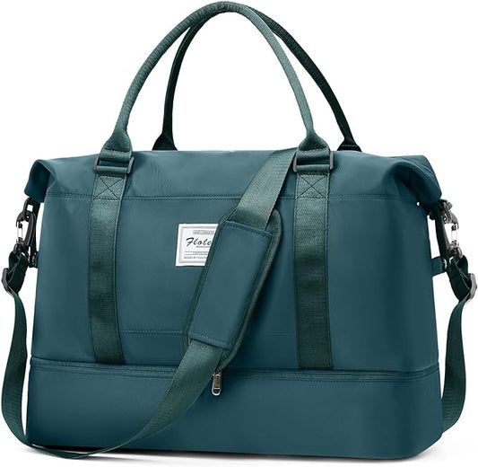 Duffel Bag, Women's Weekender Bag with Shoe Compartment, Peacock Blue Travel Bag, Carry on Overnight Tote for Airline Personal Item, 30L