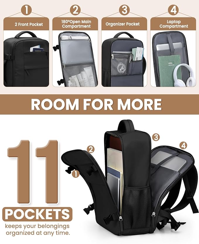 Pritent Travel Backpack for Women Man, Waterproof Personal Item Travel Bag Airline Approved Laptop Backpack Bookbag Weekender bags for Business,Travel, Work Fits 15.6 inch Laptop(Medium,Black)
