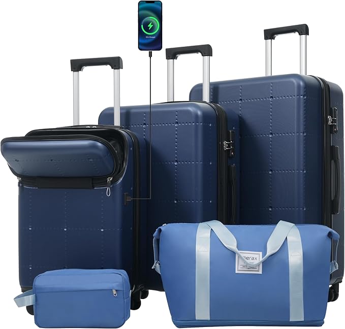 Merax Luggage Sets,5 Piece Front Half-open Hardshell Expandable Suitcase Set with Spinner Wheels and Duffel Bags,Lightweight Carry on Luggage with USB Port,20/24/28IN,Blue-1