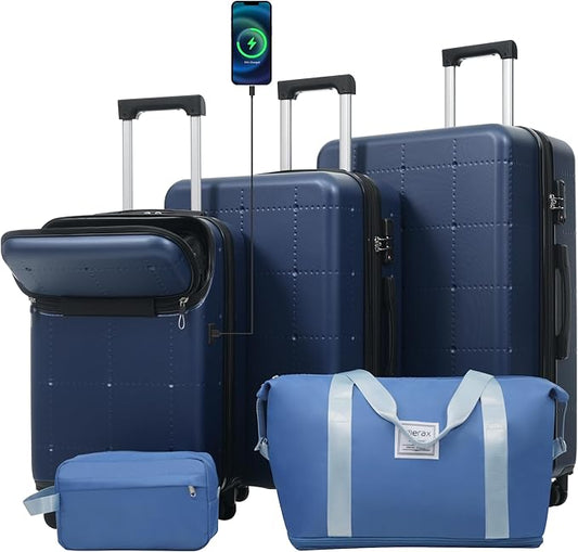 Merax Luggage Sets,5 Piece Front Half-open Hardshell Expandable Suitcase Set with Spinner Wheels and Duffel Bags,Lightweight Carry on Luggage with USB Port,20/24/28IN,Blue-1