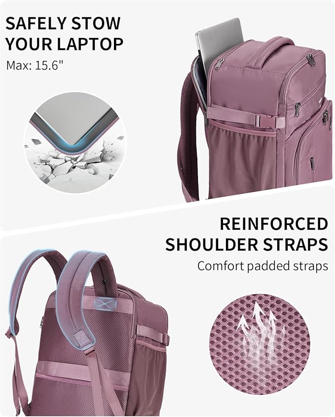 ECOHUB Travel Backpack for Women, 18x14x8 Spirit Airlines Personal Item Bag with Clear Toiletry Bag, Laptop Carry on Backpack with USB Port, Airline Approved Under Seat 14 Pockets 30L, Pink