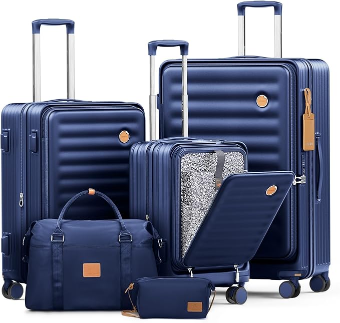 Joyway Luggage Sets 5 Piece with Front Pocket, Expandable Top Opening Suitcase Set, PC Hardside Carry on Suitcase with Spinner Wheels and TSA Lock (Blue)