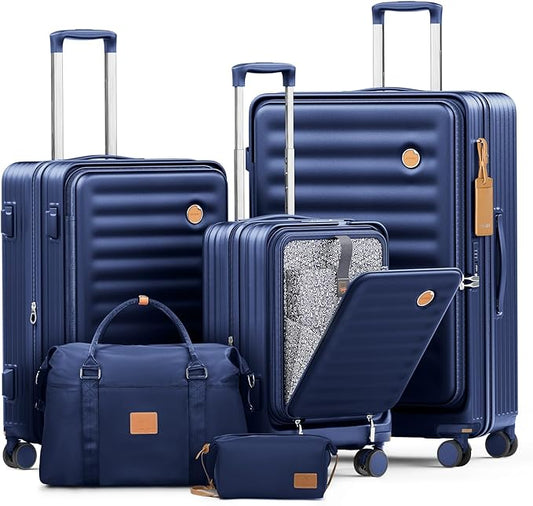 Joyway Luggage Sets 5 Piece with Front Pocket, Expandable Top Opening Suitcase Set, PC Hardside Carry on Suitcase with Spinner Wheels and TSA Lock (Blue)