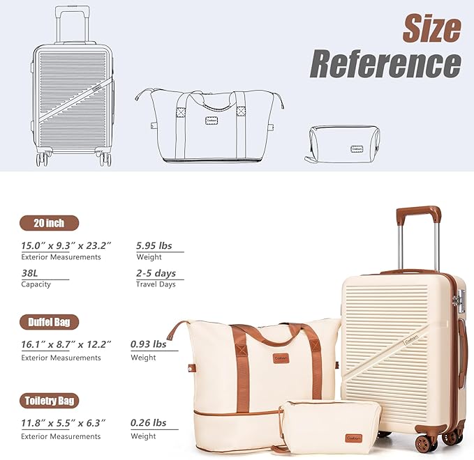 Carry On Luggage Set 22x14x9 Airline Approved, 3 Piece 20 Inch Lightweight ABS Hardside Suitcases with Wheels and TSA Lock, Durable Waterproof Travel Suitcase for Men Women