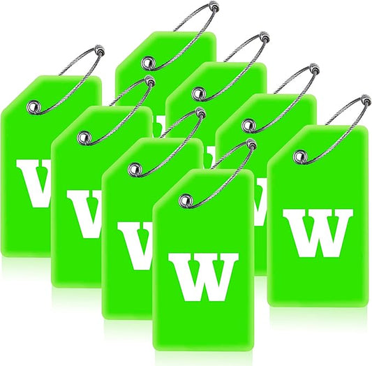 Gostwo 8 Pack Luggage Tags for Suitcases, 26 Initial Letter Travel Luggage Baggage Identification Labels ID Tags Fully Bendable Tags with Stainless Steel Loop (Letter W, Green)