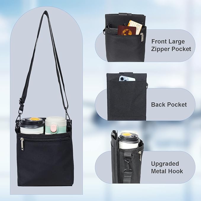 Luggage Travel Cup Holder with Luggage Straps Free Hand Drink Caddy Beverage Holder Travel Accessories Gift for Flight Attendants Businessmen Travelers Fits Roll on Suitcase Handles Black