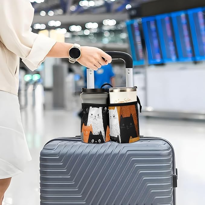 Luggage Cup Holder for Suitcases Free Hands Travel Cup Holder Portable Suitcase Cup Drink Holder Luggage Cup Caddy Bag Carrier Black and White Orange Cat