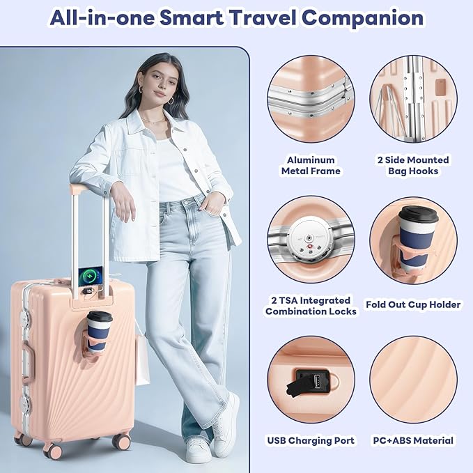 20 Inch Carry On Luggage, Zipperless Luggage with Spinner Wheels, Airline Approved Suitcase with Cup Holder, TSA Lock and USB Charger for Travel, Light Pink