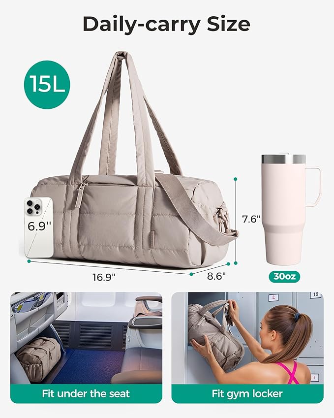 BAGSMART Reiki Gym Bag for Women, Mini/Medium Crossbody Bags for Women, 5L Dance Bag with Detachable Strap, 15L Yoga Mate Bag with Wet & Dry Pocket, Medium/Sand Brown