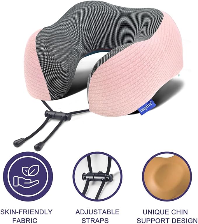napfun Neck Pillow for Travel with Travel Pouch, Sleep Mask & Earplugs, Memory Foam Airplane Pillow for Headrest Sleep with Eyeshades, Plane Essentials with Eye Blindfold, Pink Striped Kit