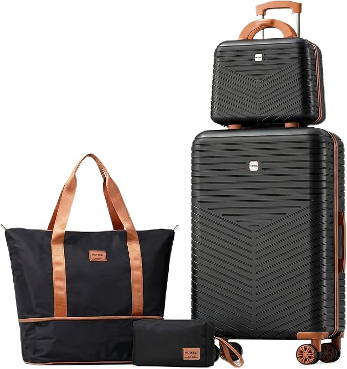 Hoteel Luggage Sets 4 Piece ABS+PC Hardside, 4-Year Warranty, Luggage Set with Spinner Wheels, TSA Lock, Lightweight Carry on Luggage, 13"/20" Suitcase with Duffel & Organizer, Black