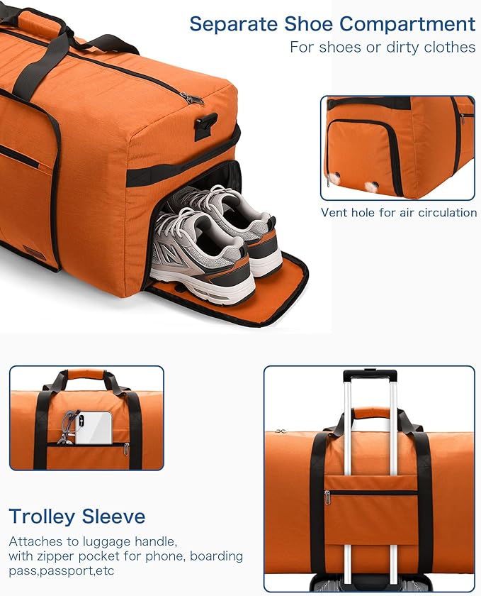 120L Foldable Waterproof Travel Duffel Bag for Men and Women with Shoe Compartment (Orange, EXTRA LARGE, 120L)