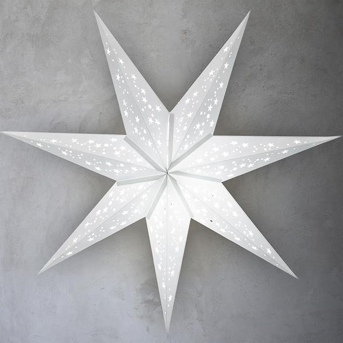 GalaxyArts Paper Star Lanterns, 24 Inch Naxatra (White Medium) Light Up Hollow Out 7 Pointed Star Hanging Lamp Decoration for Wedding Holiday Birthday Party Christmas Celebration Indoor Outdoor Décor