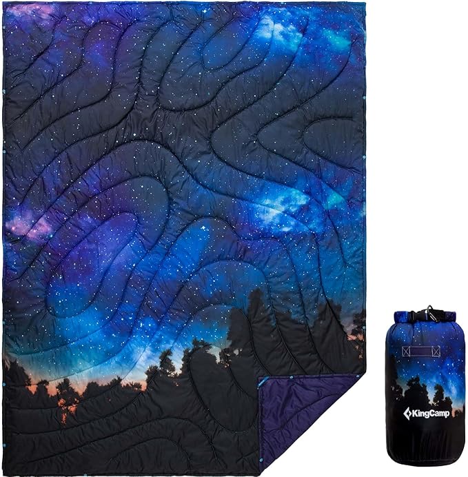 KingCamp Ultralight Camping Blanket, Packable Down Alternative Puffy Printed Wearable Blanket with Snap Buttons & Corner Loops Weatherproof Quilt for Outdoor Travel Stadium (78.7"L x 57.1"W)