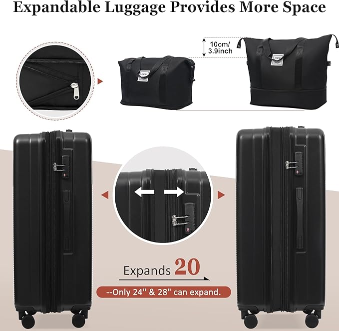 Merax Luggage Sets 5 Piece,Front Half-open Hardshell Expandable Suitcase with Spinner Wheels and Duffel Bags,Lightweight Carry on Luggage with USB Port,20/24/28IN,Black