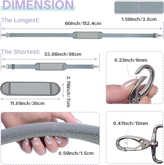 60 Inch Shoulder Strap with Removable Ultra-Thick Pad，Adjustable Buckles and Metal Hooks