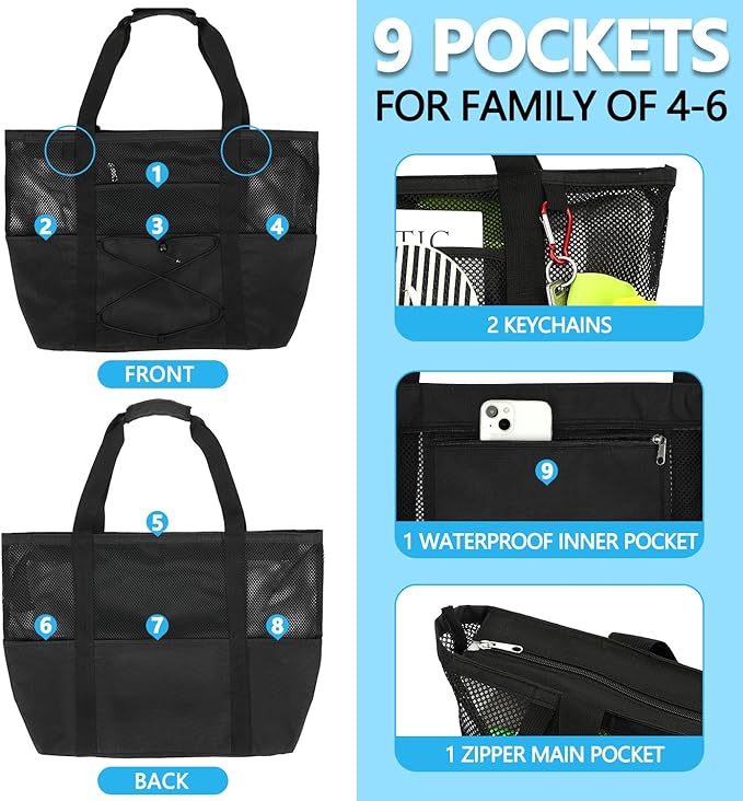Fammart Mesh Beach Bag, Large Beach Tote with Zipper Pocket, Toys Pool Bag for Family Travel Vacation Cruise Essentials