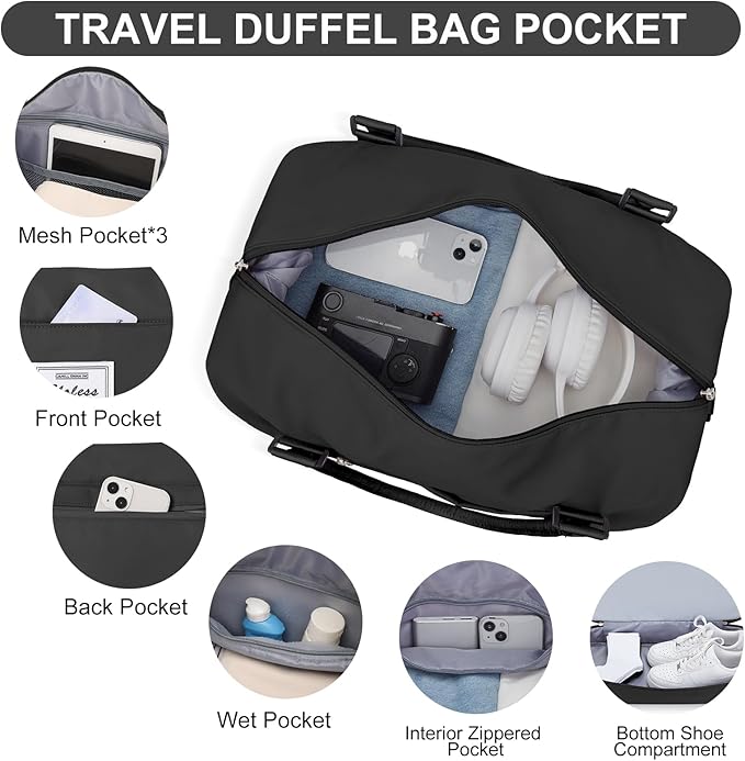 Weekender Bags for Women,Travel Duffle Overnight Bag with Shoe Compartment,Personal Item Carry On Bag,Black,Extra Large,3 Pcs Set