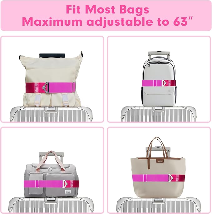 2-in-1 Travel Belt for Luggage Over Handle, Luggage Belt for Carry on Bag, Suitcase Straps, Add a Bag Bungees Luggage Straps Adjustable with Alloy Buckle,Hands-Free for Airport (Pink, 2 Pack)