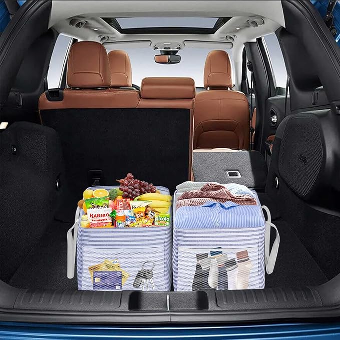 LHZK Standing Utility Tote Bag with Metal Wire Frame and the Sides Rinforced, Large Tote Bag with Handle, Reusable Grocery Bags Foldable, Beach Bag, Car Tote (Blue, 18.5''x11.8''x11.5'')