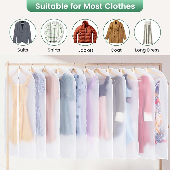 Carbrea 12 Pack Garment Bags for Hanging Clothes - Translucent Dress Bag for Closet Wardrobe Storage Travel - 24" x 49"
