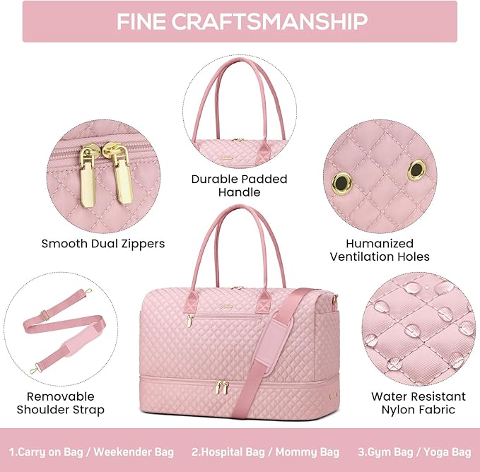 Travel Weekender Bags for Women - Duffle Bag Women with Shoe Compartment Carry On Overnight Bag with Toiletry Bag Duffel Bags with Wet Pocket for Gym Hospital Bags for Labor and Delivery Pink