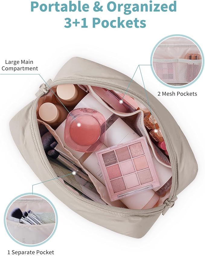 Narwey Quilted Makeup Bag for Women Girl, Puffer Travel Cosmetic Bag Puffy Make Up Bag Organizer, Cute Travel Toiletry Bag for Toiletries (Khaki)