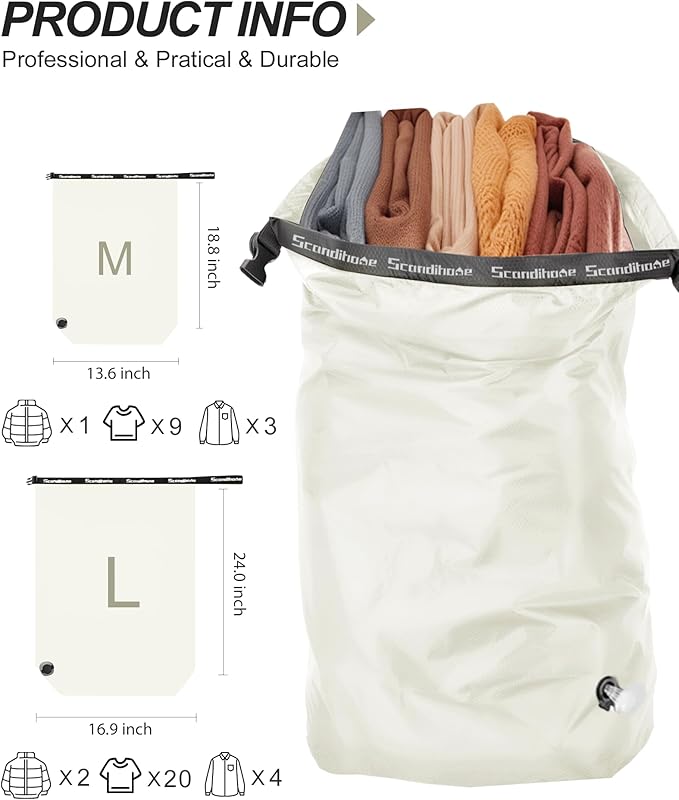 Travel Laundry Bag, Pump Free Vacuum Storage Bag Reusable Compression Dirty Clothes Travel Bag Waterproof Wet Dry Bags Large Capacity Space Saver Bags Camp Clothes Organizer (1 Pcs)(White, L)