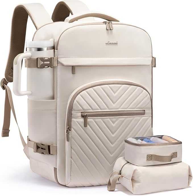 LOVEVOOK 40L Travel Backpack for Women Men, TSA Personal Item Travel Bag Fits 17.3inch Laptop, Waterproof Airline Approved Carry On Luggage With 2 Cubes for Weekender Hiking Business, Beige