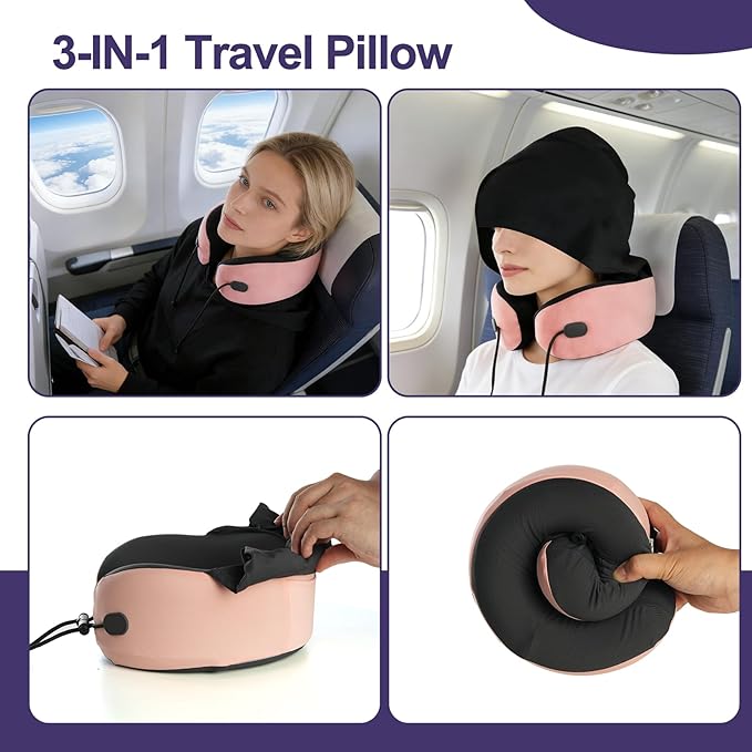 Neck Pillow for Travel, Premium Carbon-Infused Memory Foam, Cooling Fabric Pillow for Airplane, 360° Neck Support for Long Flights, Hooded Travel Pillowl for Planes, Cars and Office, Hooded, Pink