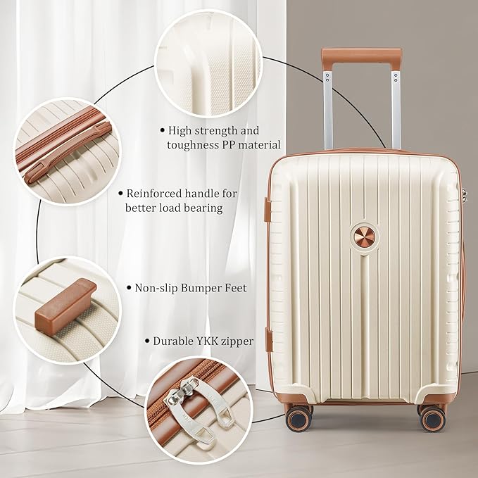 Joyway Luggage Sets 5 Piece PP Hardshell Carry on Suitcase, Travel Lightweight Carry-on with Double Spinner Wheels and TSA Lock, Beige Brown