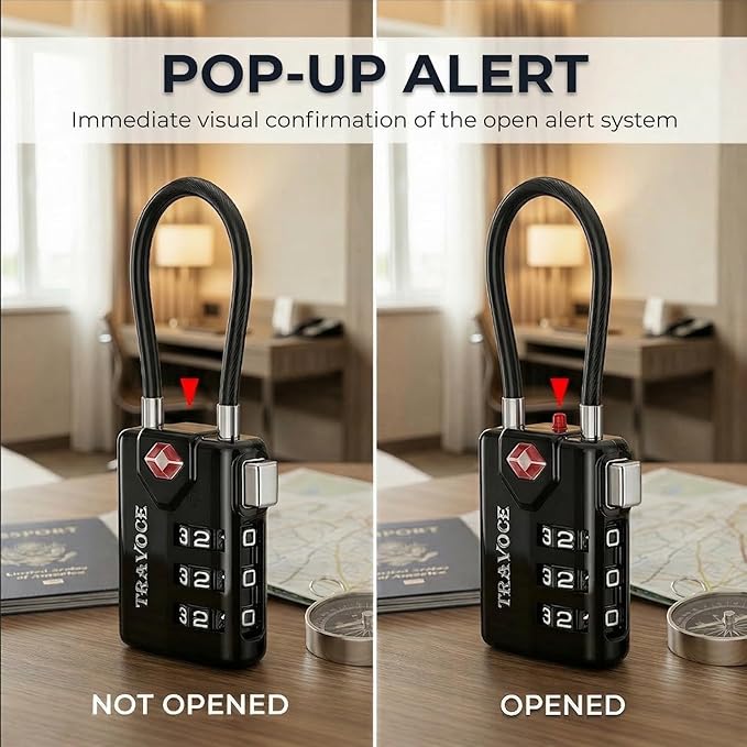 TRAVOCE TSA Approved Luggage Locks - Heavy Duty 3 Digit Combination Cable Lock, Search Alert for Suitcases, Backpacks, Golf Bags, Tents, Violin and Camera Cases, 2 Pack, Black