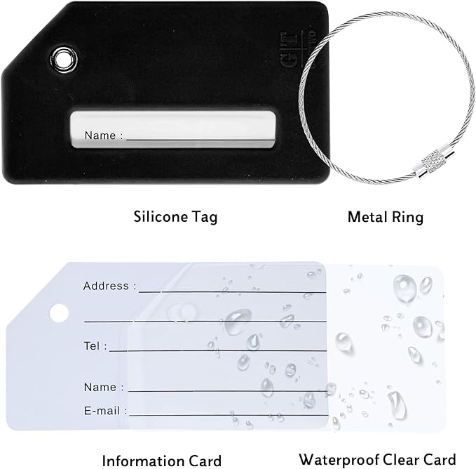 8 Pack Silicone Luggage Tag for Suitcases with Stainless Loop, TSA Approved, Privacy Protection Travel Essentials Bag Tags by Gostwo, Black