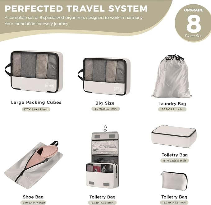 8-Piece Compression Packing Cubes for Travel, Ultralight Aesthetic Luggage Organizer Set, Space Saving Double Zipper Design for Carry-On & Suitcase Organizer, Travel Essentials- Beige
