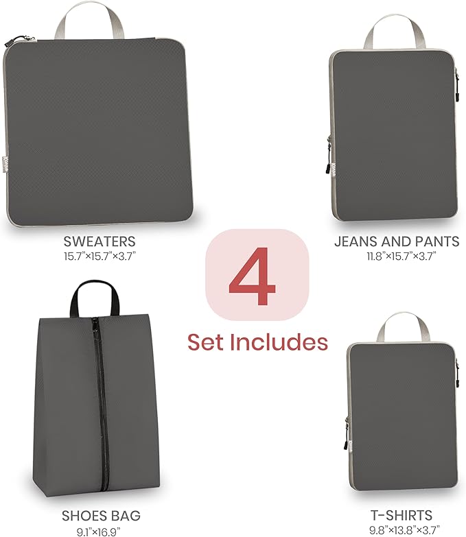 Compression Packing Cubes for Travel, Set of 4 Expandable Luggage Organizers with Shoe Bag, Lightweight Water-Resistant Suitcase Essentials for Carry-on & Checked Luggage, Grey