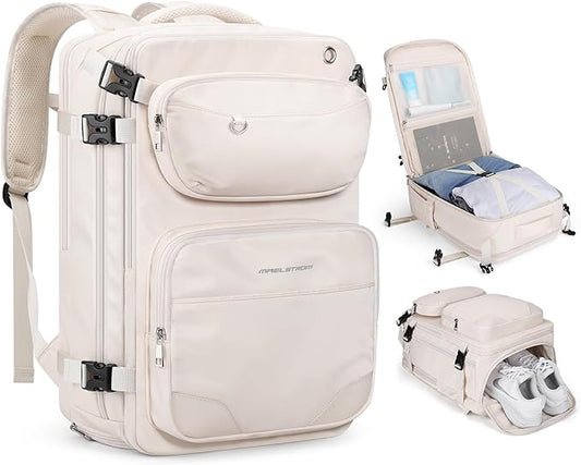 Maelstrom Travel Backpack for Men Women, 35L Carry on Backpack for Traveling on Airplane,with Belt Bag&Shoe Compartment,Waterproof Laptop Backpack fit 17”Laptop-Beige, Large