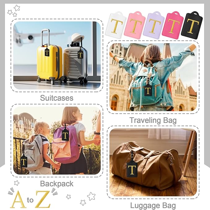 Initial Letter Luggage Tag for Suitcase, Cute Luggage Bag, Waterproof PU Leather Travel Luggage Tag, Suitcase Identifier Name Tag, Monogrammed Suitcases Tags, Bag Tags for Handbags(Black T)