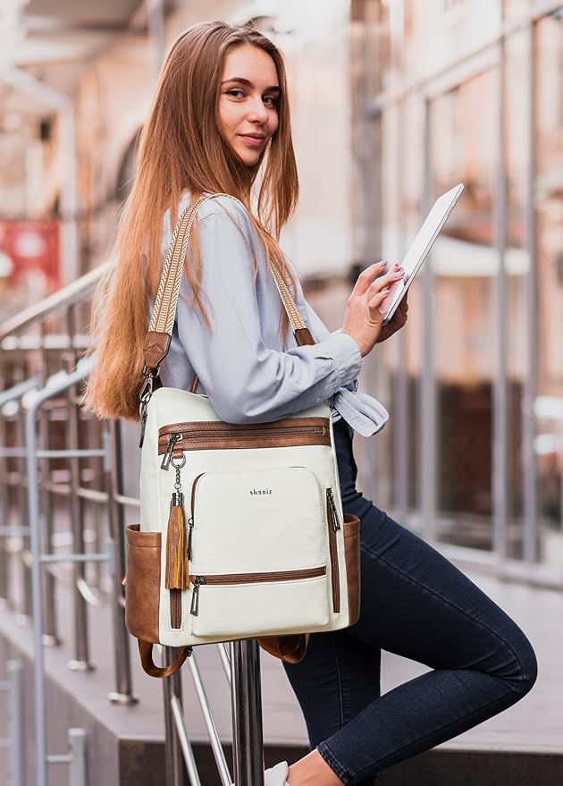 Shrrie Vegan Leather Laptop Backpack for Women 15.6 inch Work Backpack Fashion Travel Backpack Purse for Travel College Work