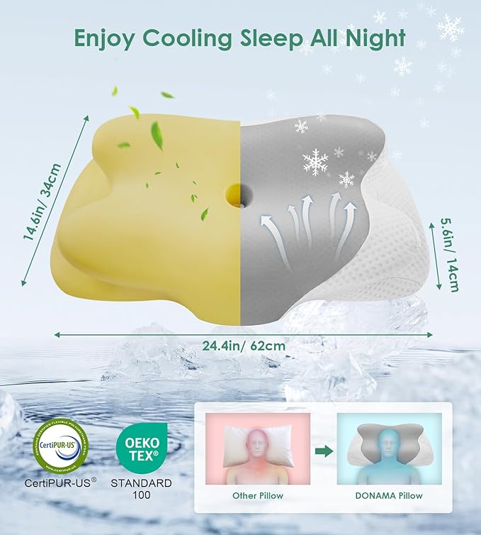 DONAMA Cervical Pillow for Sleeping, Contour Memory Foam Pillow for Neck and Shoulder Support, Ergonomic Neck Pillow for Side Back Stomach Sleepers, Bed Pillows with Cooling Pillowcase