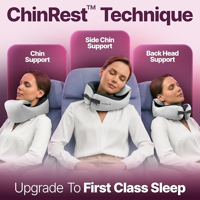 ComfyNap® Versatile Travel Neck Pillow for Airplane [Patented], 9 Positions in 3 Techniques, Plane Pillow with Pure Memory Foam, Travel Pillow with HeadRest Flight Sleep, Travel Essential - Moon