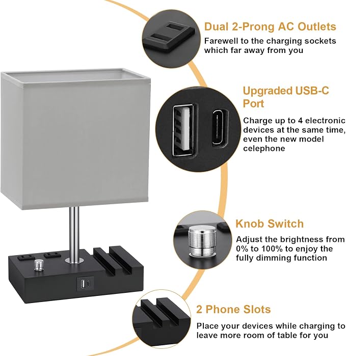 Grey Table Lamp for Bedroom - Stepless Dimmable, USB C+A, 2 AC Outlets | Dimming By Rotary Knob, USB C+A Ports, 2 Phone Stands, LED Bulbs Included, Rectangle Misty Grey Lampshade, for Living Room