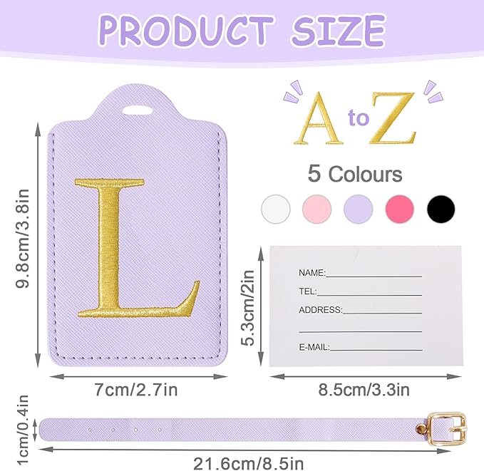 Personalized Initial Luggage Tags for Suitcases, Cute PU Leather Embroidered Letter Travel Luggage Tags, Suitcase Identifier Name Baggage Tag, Bag Tags for Men Women Kids Luggage Handbags(Purple L)