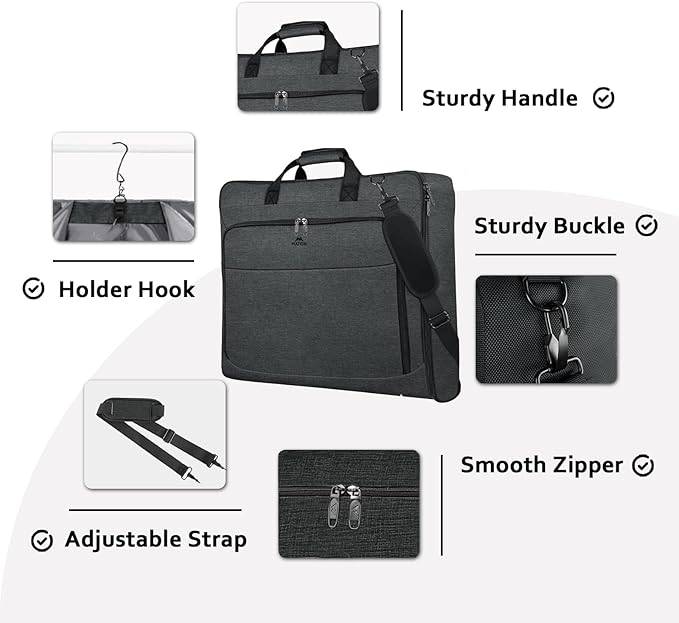 MATEIN Garment Bags for Hanging Clothes, Large Travel Suit Bag with Shoulder Strap for Business Trips, Foldable Luggage for Men Women, Wrinkle-Free Clothing Suitcase for Traveling, Dark Grey