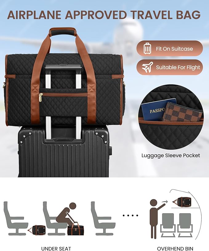 Weekender Travel Duffle Bag for Women: Overnight Bags with Shoe Compartment Carry on Bags for Airplanes with Toiletry Bag Weekend Yoga Gym Bag with Wet Pocket Black Brown
