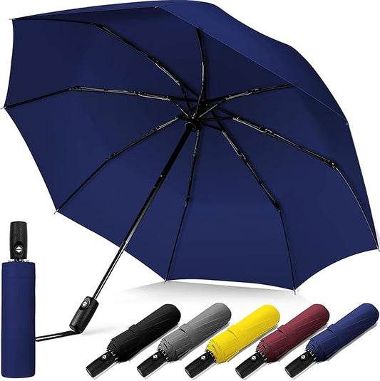 Windproof Travel Umbrella, Compact Umbrella, Car Umbrellas for Rain & Sun, 8 Fiberglass Ribs for Strong UV & Wind Resistance, Portable, Lightweight, Vent, Easy Automatic Open/Close