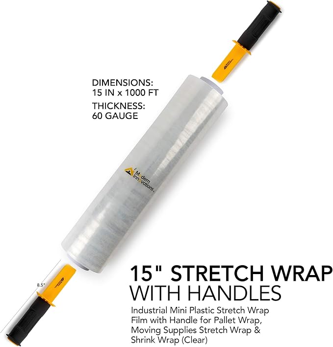 Modern Innovations 15 Inch Clear Stretch Wrap Roll with Handles (1 Roll-1000 Feet) Heavy Duty Shrink Wrap for Moving, Packing Supplies for Wrapping Furniture, Industrial Plastic Pallet Cling