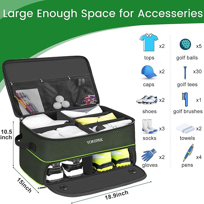 YOREPEK 2 Layer Golf Trunk Organizer, Golf Gifts for Men with Separate Ventilated Compartment for 2 Pair Shoes, Waterproof Car Trunk Locker for Balls, Tees, Clothes, Gloves, Gifts for Golfers