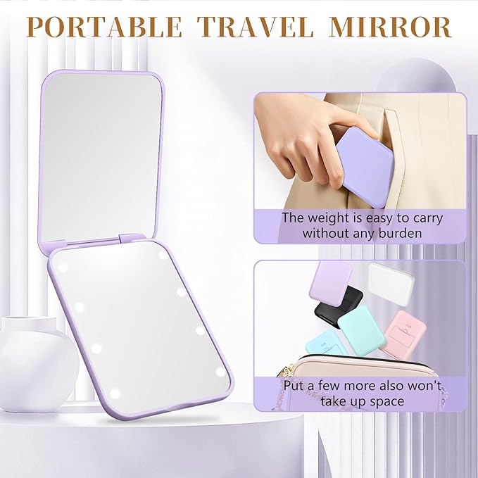 Kakuje Compact Mirror, 1X/3X Magnification LED Pocket Mirror with Nternal BIattery, Mini Mirror for Purse, Pocket,Travel and Present (Purple)