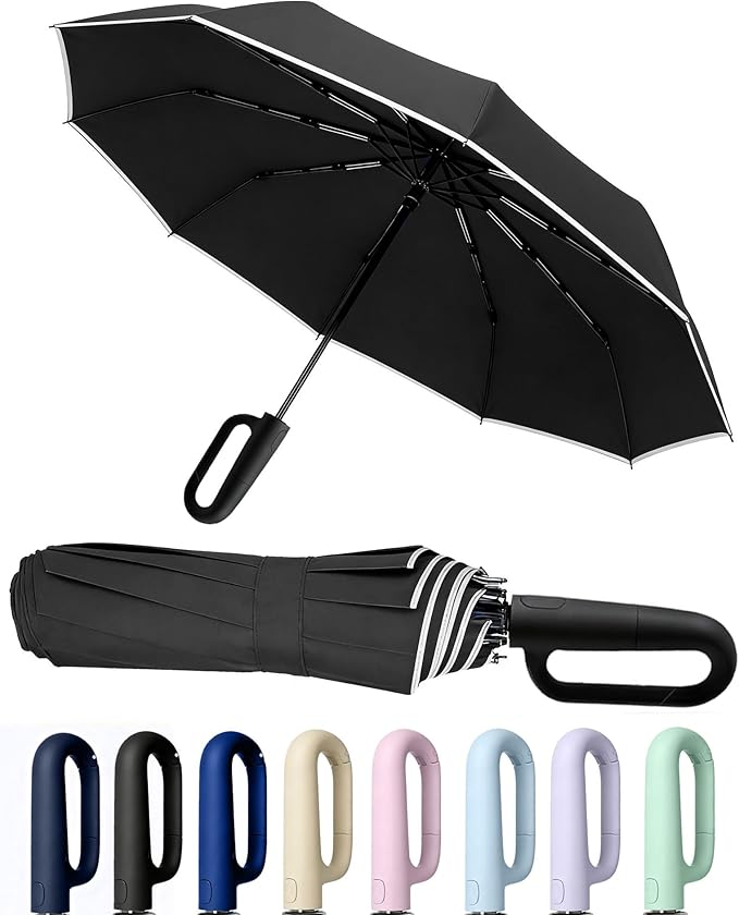 SIEPASA Travel Umbrella with Carabiner Handle - Windproof 10 Ribs Auto Open/Close for Rain & Sun Protection, Compact Portable Clip-on Backpack Design with Safety Reflective Strip.