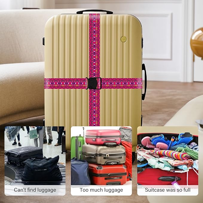 2 Pack Luggage Straps for Suitcases, Adjustable Travel Belt with Double Lock and Quick Release Buckle, Heavy Duty Nylon Bag Packing Strap, Bright Identifiers Business Travel Accessories-Pink Totem